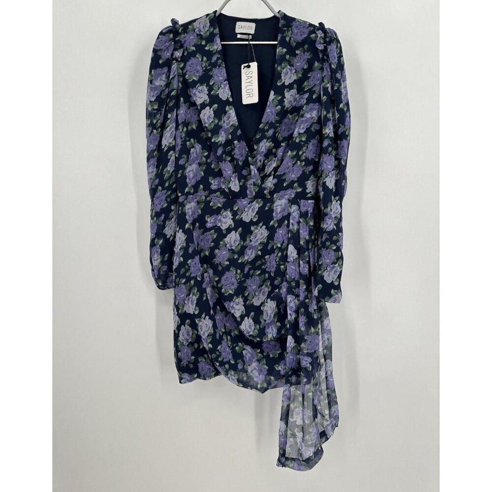 Saylor Floral Merritt Dress size S Crepe Fabric Draped Sash Mini Long Sleeve NWT